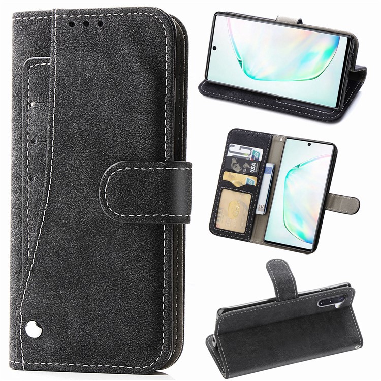 Matte Leather Wallet Stand Phone Cover Case with Rotary Card Holder for Samsung Galaxy Note 10 / Note 10 5G - Black-1