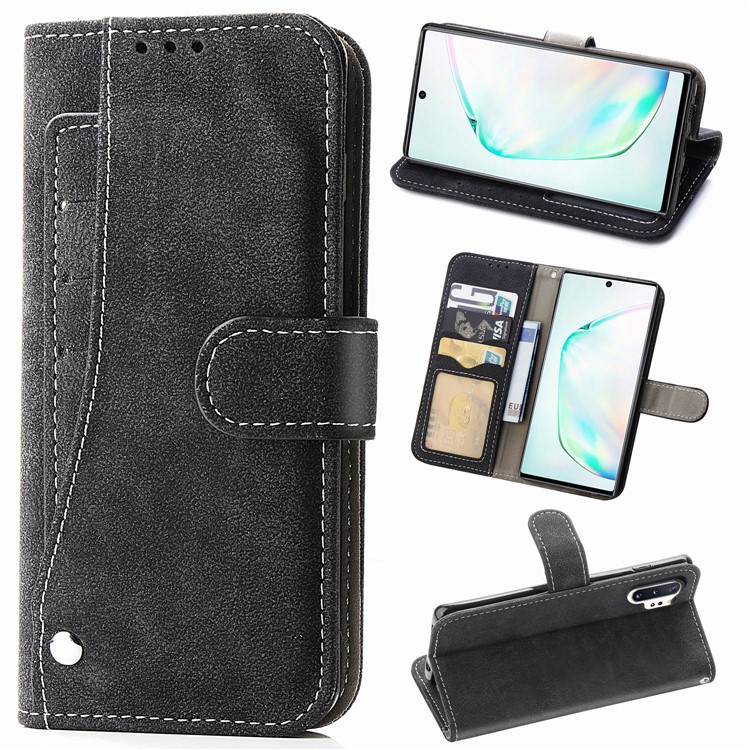 Matte Leather Wallet Stand Phone Cover Case with Rotary Card Holder for Samsung Galaxy Note 10 Plus 5G / Note 10 Plus - Black-1