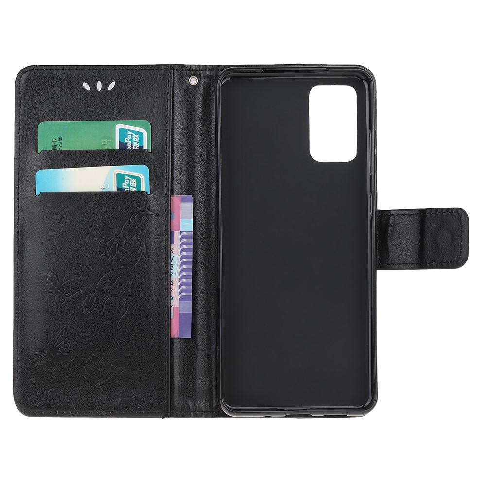 Imprint Butterfly Flower Leather Wallet Case for Samsung Galaxy S20 - Black-5