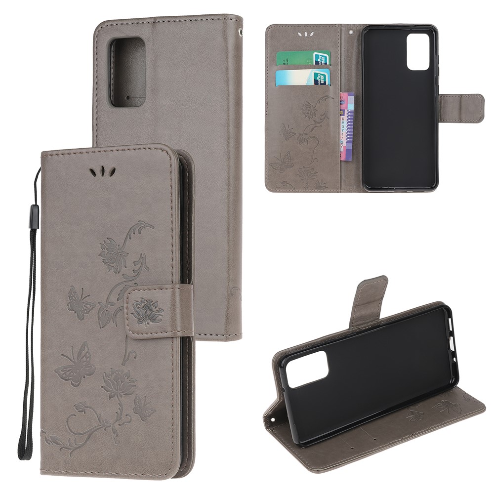 Imprint Butterfly Flower Leather Wallet Case for Samsung Galaxy S20 - Grey-1