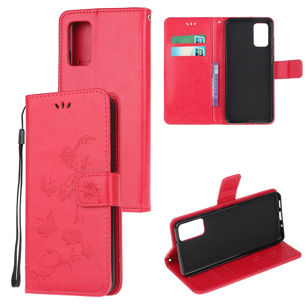 Imprint Butterfly Flower Leather Wallet Case for Samsung Galaxy S20 - Red-1