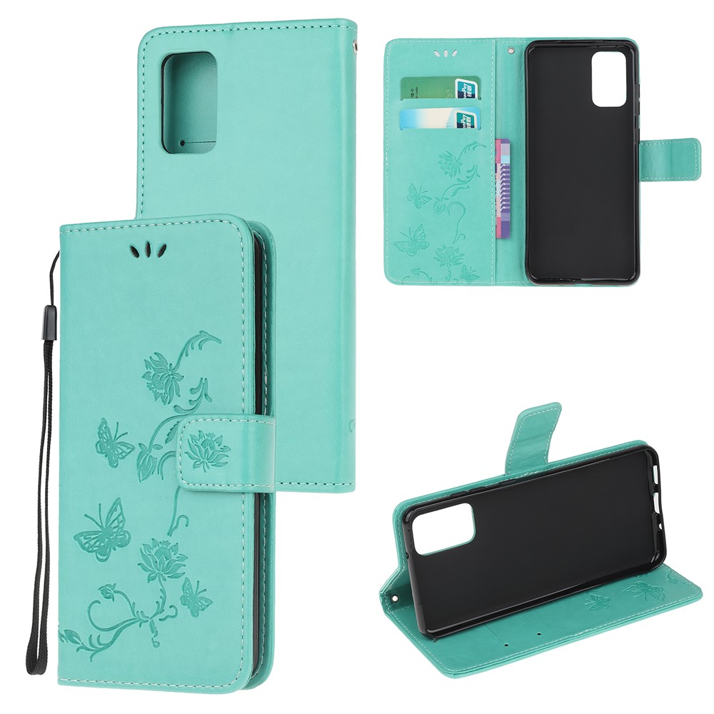 Imprint Butterfly Flower Leather Wallet Case for Samsung Galaxy S20 - Cyan-1