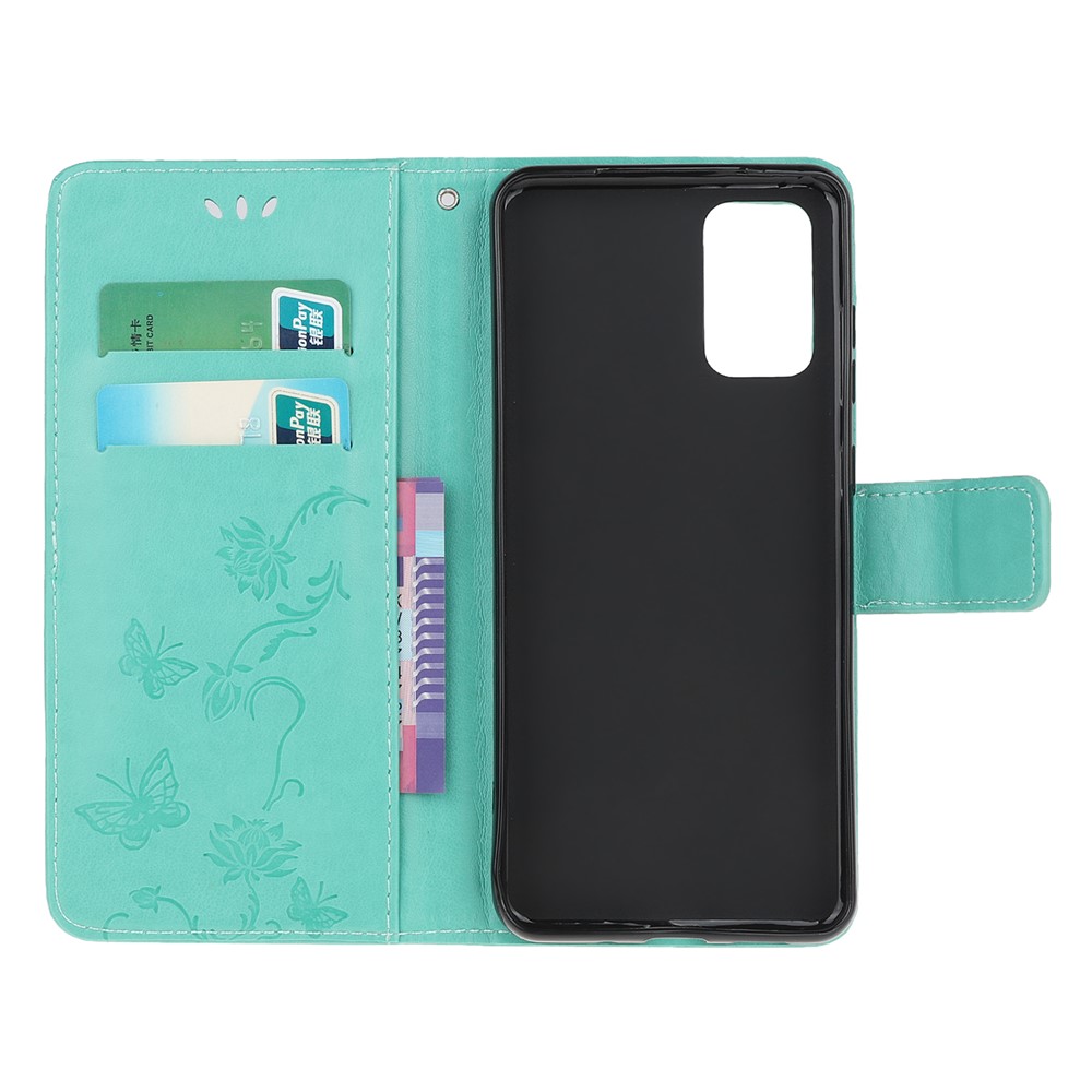 Imprint Butterfly Flower Leather Wallet Case for Samsung Galaxy S20 - Cyan-5