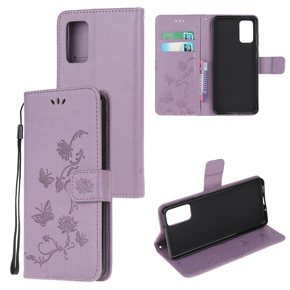 Imprint Butterfly Flower Leather Wallet Case for Samsung Galaxy S20 - Light Purple-1