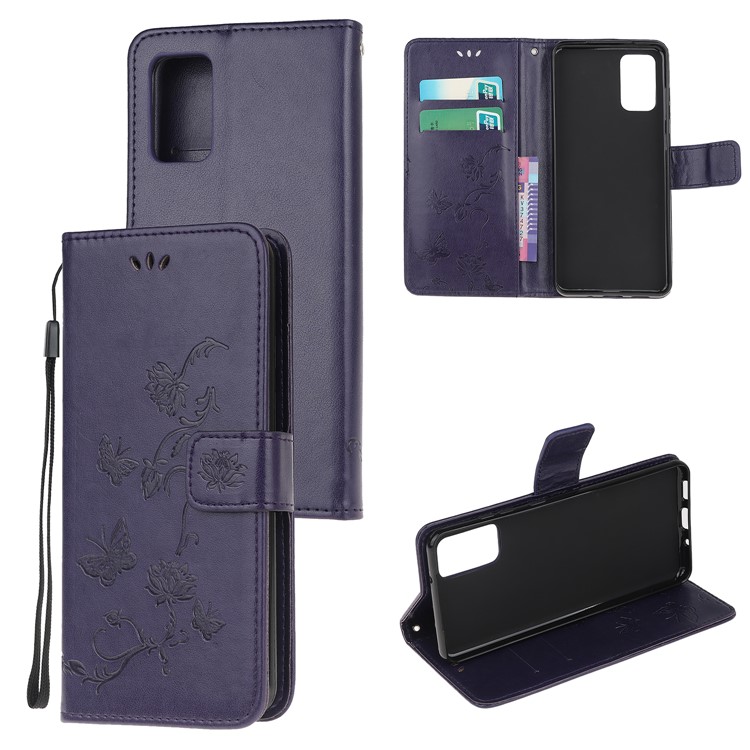 Imprint Butterfly Flower Leather Wallet Case for Samsung Galaxy S20 - Dark Purple-1