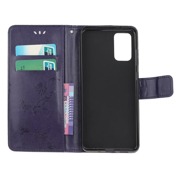 Imprint Butterfly Flower Leather Wallet Case for Samsung Galaxy S20 - Dark Purple-5