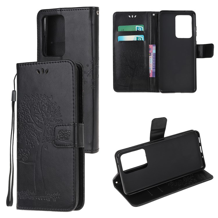 For Samsung Galaxy S11 Plus Imprint Tree Owl Leather Wallet Protection Case - Black-1