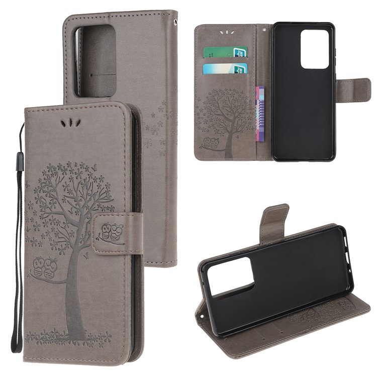 For Samsung Galaxy S20 Ultra Imprint Tree Owl Leather Wallet Protection Case - Grey-1