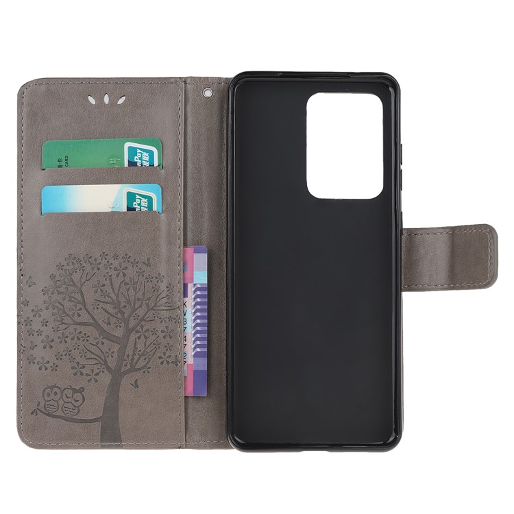 For Samsung Galaxy S20 Ultra Imprint Tree Owl Leather Wallet Protection Case - Grey-5