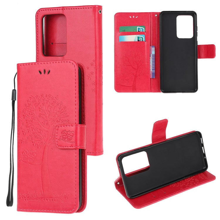 For Samsung Galaxy S20 Ultra Imprint Tree Owl Leather Wallet Protection Case - Red-1