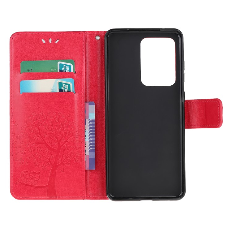 For Samsung Galaxy S20 Ultra Imprint Tree Owl Leather Wallet Protection Case - Red-5