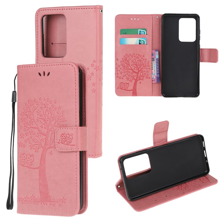 For Samsung Galaxy S20 Ultra Imprint Tree Owl Leather Wallet Protection Case - Pink-1