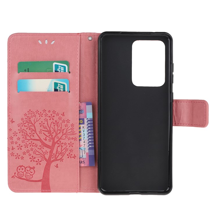 For Samsung Galaxy S20 Ultra Imprint Tree Owl Leather Wallet Protection Case - Pink-5