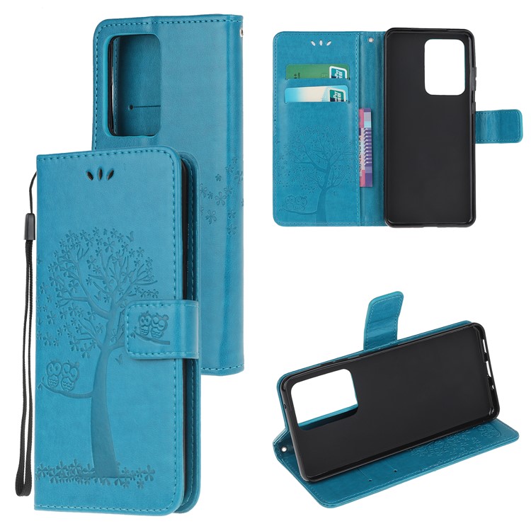 For Samsung Galaxy S20 Ultra Imprint Tree Owl Leather Wallet Protection Case - Blue-1