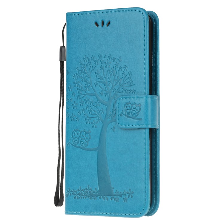 For Samsung Galaxy S20 Ultra Imprint Tree Owl Leather Wallet Protection Case - Blue-2