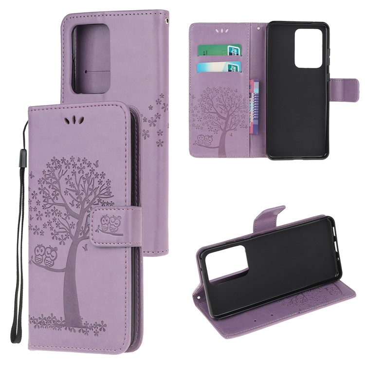 For Samsung Galaxy S20 Ultra Imprint Tree Owl Leather Wallet Protection Case - Light Purple-1