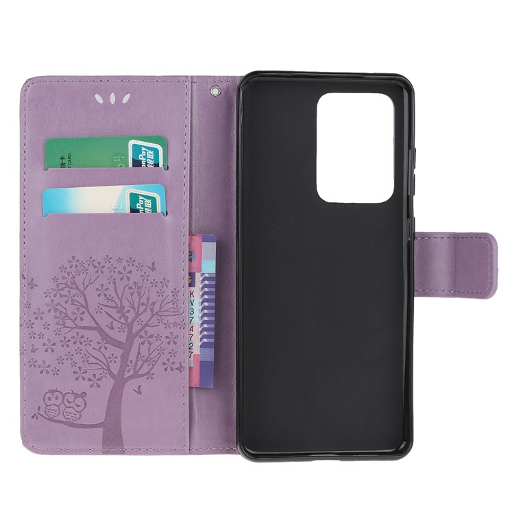 For Samsung Galaxy S20 Ultra Imprint Tree Owl Leather Wallet Protection Case - Light Purple-5