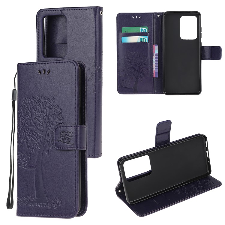 For Samsung Galaxy S20 Ultra Imprint Tree Owl Leather Wallet Protection Case - Dark Purple-1