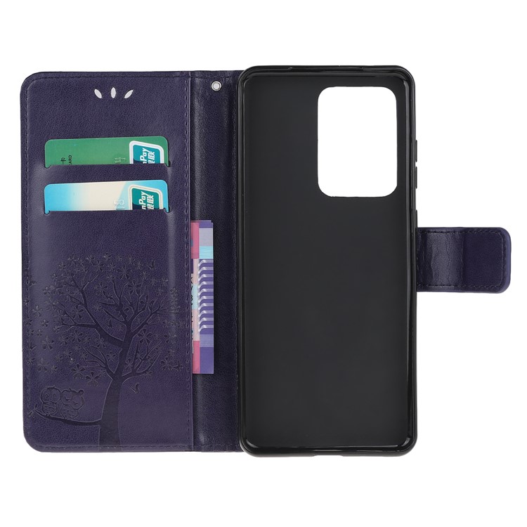 For Samsung Galaxy S20 Ultra Imprint Tree Owl Leather Wallet Protection Case - Dark Purple-5