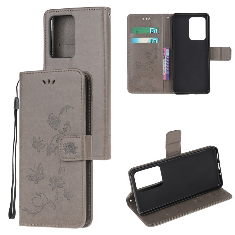 Imprint Butterfly Flowers Leather Shell for Samsung Galaxy S20 Ultra - Grey-1