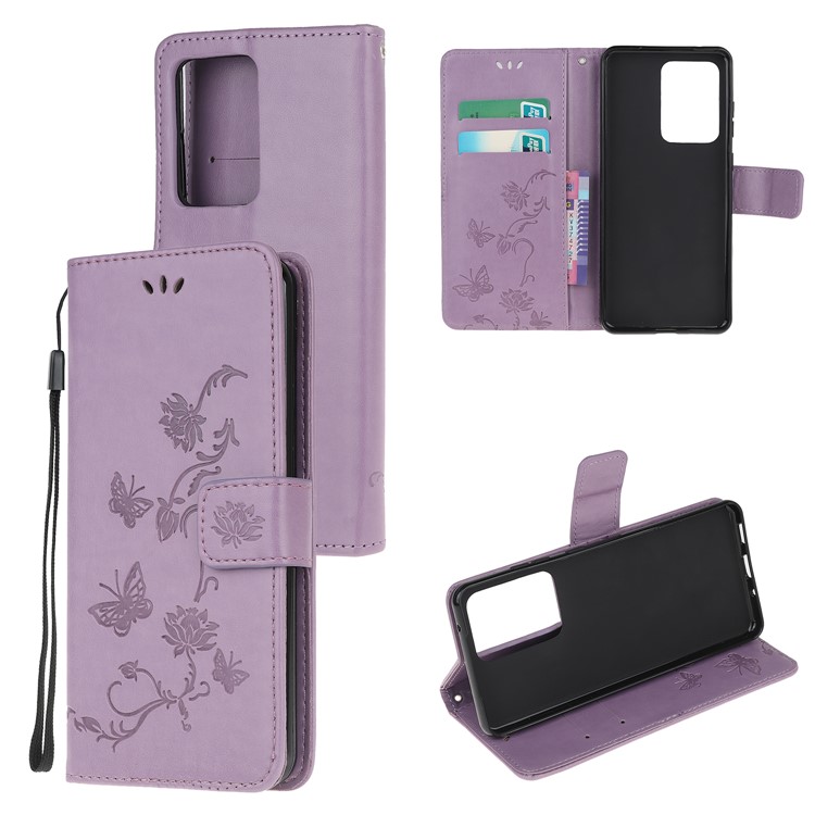Imprint Butterfly Flowers Leather Shell for Samsung Galaxy S20 Ultra - Light Purple-1