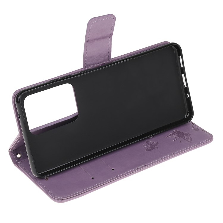 Imprint Butterfly Flowers Leather Shell for Samsung Galaxy S20 Ultra - Light Purple-4