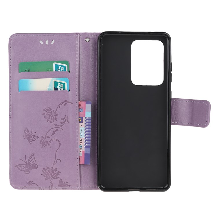 Imprint Butterfly Flowers Leather Shell for Samsung Galaxy S20 Ultra - Light Purple-5