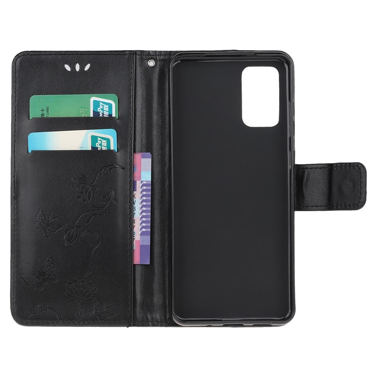 For Samsung Galaxy S20 Plus Imprint Butterfly Flower Wallet Leather Mobile Cover - Black-5