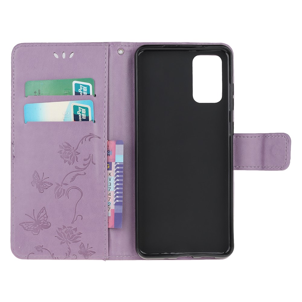 For Samsung Galaxy S20 Plus Imprint Butterfly Flower Wallet Leather Mobile Cover - Light Purple-5