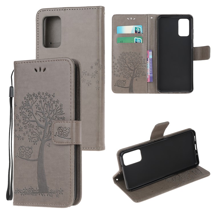 Imprint Tree Owl Leather Cover with Wallet Stand for Samsung Galaxy S20 Plus - Grey-1