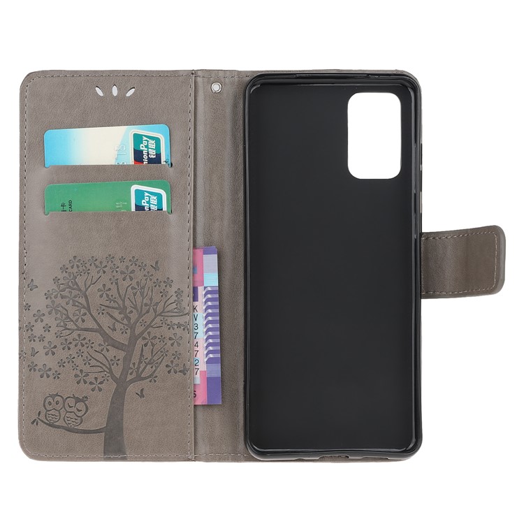 Imprint Tree Owl Leather Cover with Wallet Stand for Samsung Galaxy S20 Plus - Grey-5