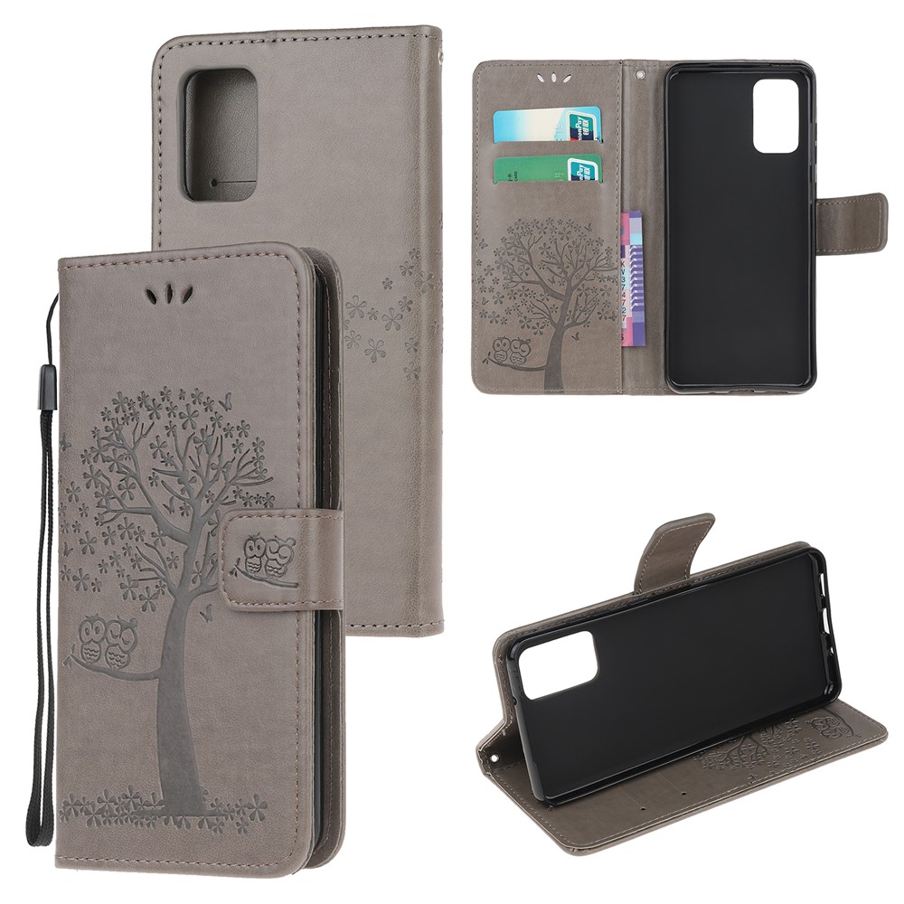 Imprint Tree Owl Leather Wallet Phone Shell for Samsung Galaxy S20 - Grey-1