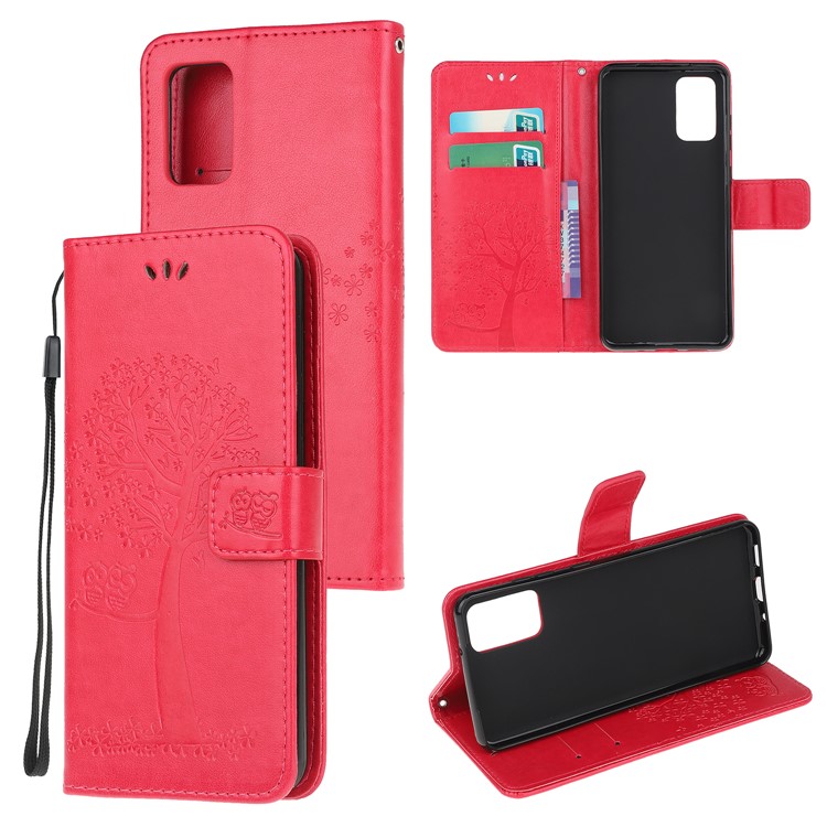 Imprint Tree Owl Leather Wallet Phone Shell for Samsung Galaxy S20 - Red-1