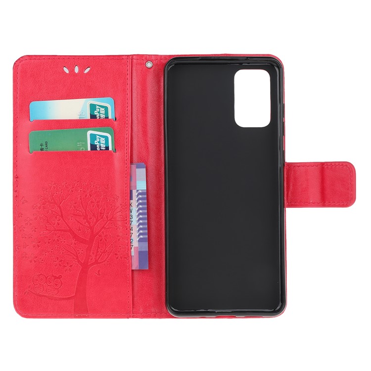 Imprint Tree Owl Leather Wallet Phone Shell for Samsung Galaxy S20 - Red-5