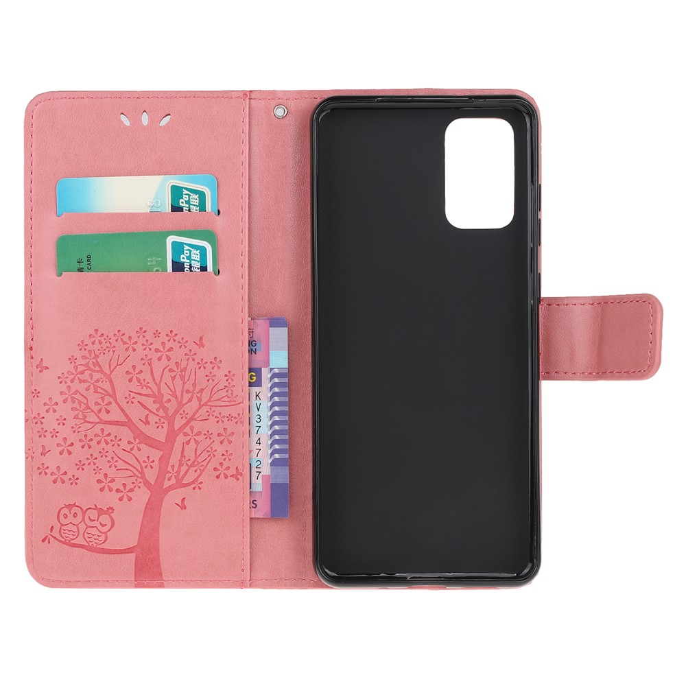 Imprint Tree Owl Leather Wallet Phone Shell for Samsung Galaxy S20 - Pink-5