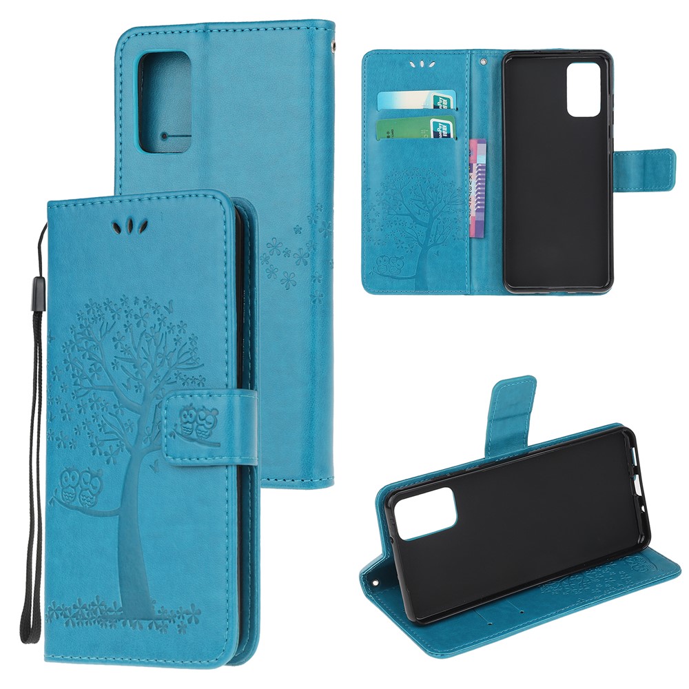 Imprint Tree Owl Leather Wallet Phone Shell for Samsung Galaxy S20 - Blue-1