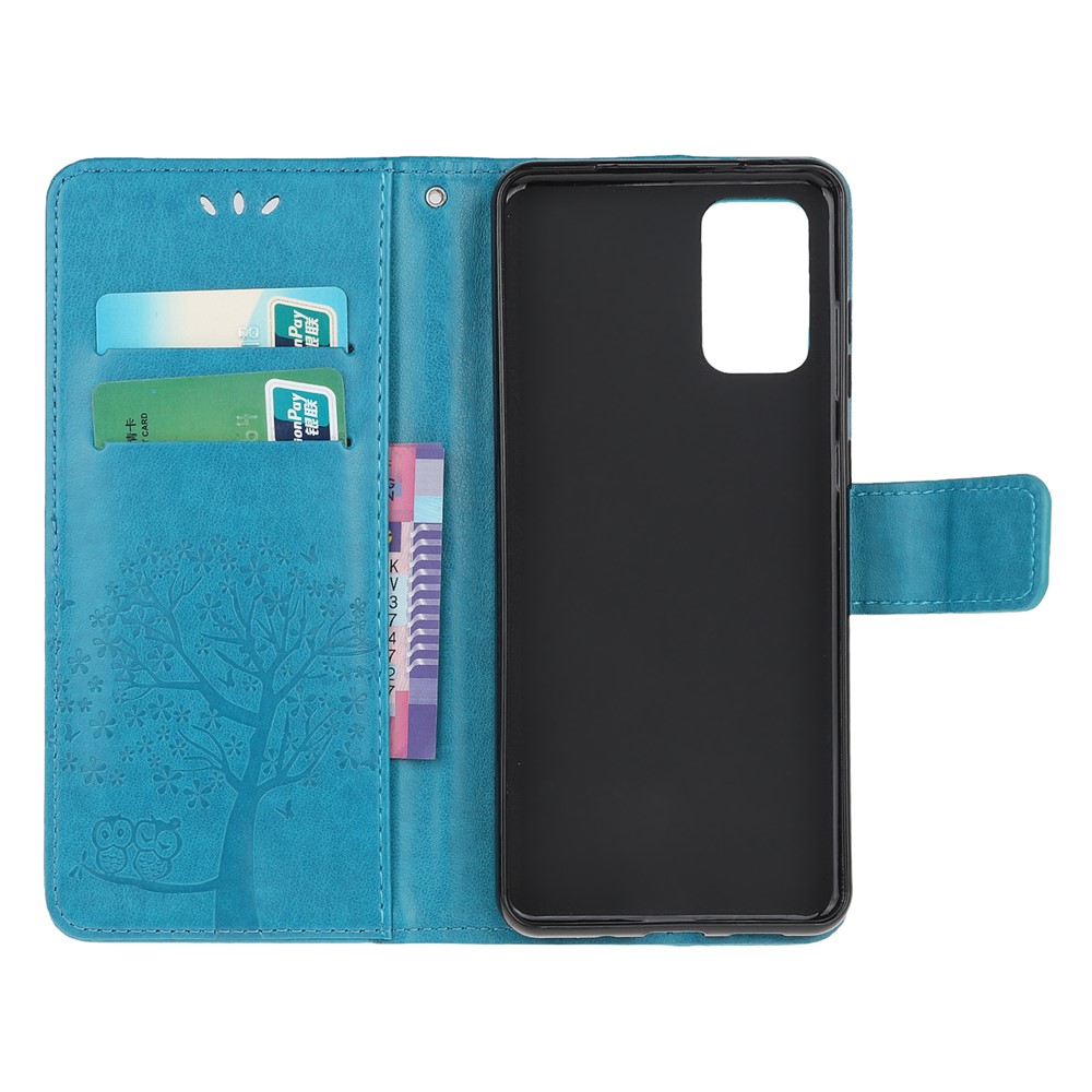 Imprint Tree Owl Leather Wallet Phone Shell for Samsung Galaxy S20 - Blue-5