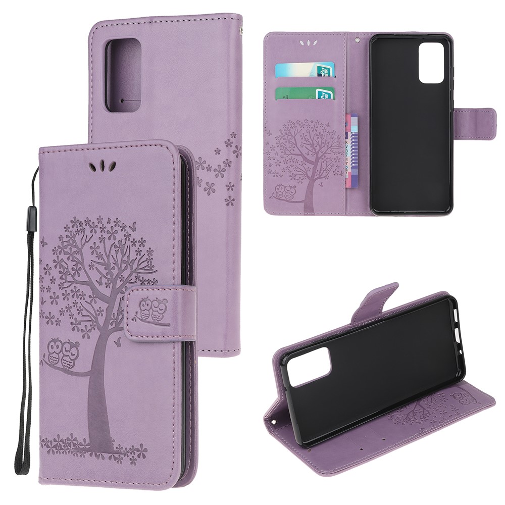 Imprint Tree Owl Leather Wallet Phone Shell for Samsung Galaxy S20 - Purple-1