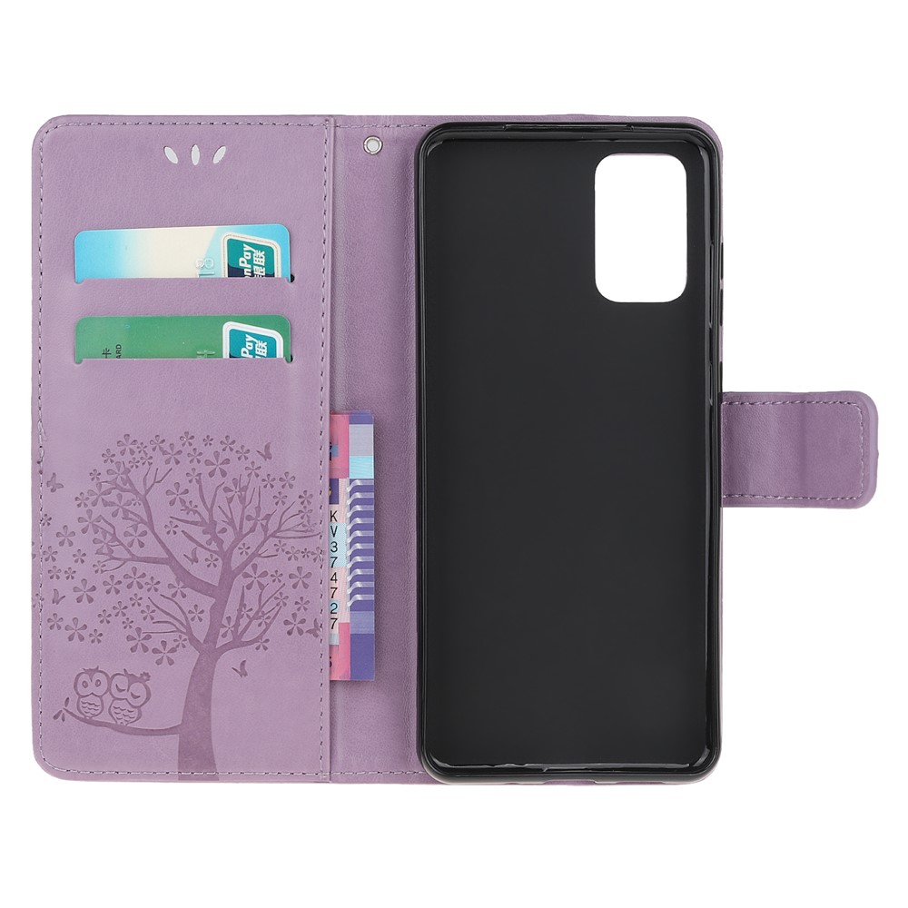 Imprint Tree Owl Leather Wallet Phone Shell for Samsung Galaxy S20 - Purple-5