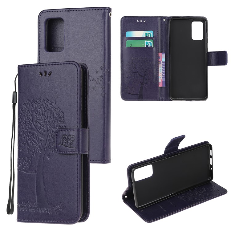 Imprint Tree Owl Leather Wallet Phone Shell for Samsung Galaxy S20 - Dark Purple-1