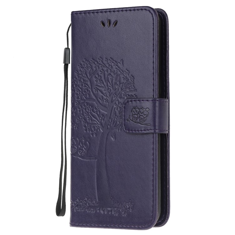 Imprint Tree Owl Leather Wallet Phone Shell for Samsung Galaxy S20 - Dark Purple-2