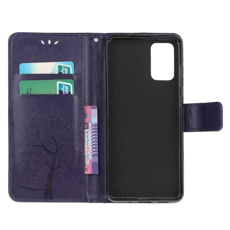 Imprint Tree Owl Leather Wallet Phone Shell for Samsung Galaxy S20 - Dark Purple-5