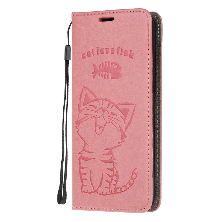 Imprint Cat and Fish Bone Wallet Leather Cover for Samsung Galaxy A51 - Pink-2