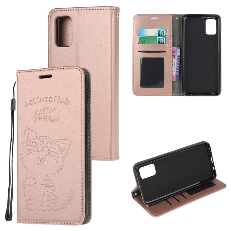 Imprint Cat and Fish Bone Wallet Leather Cover for Samsung Galaxy A51 - Rose Gold-1