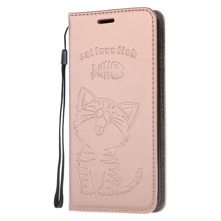 Imprint Cat and Fish Bone Wallet Leather Cover for Samsung Galaxy A51 - Rose Gold-2