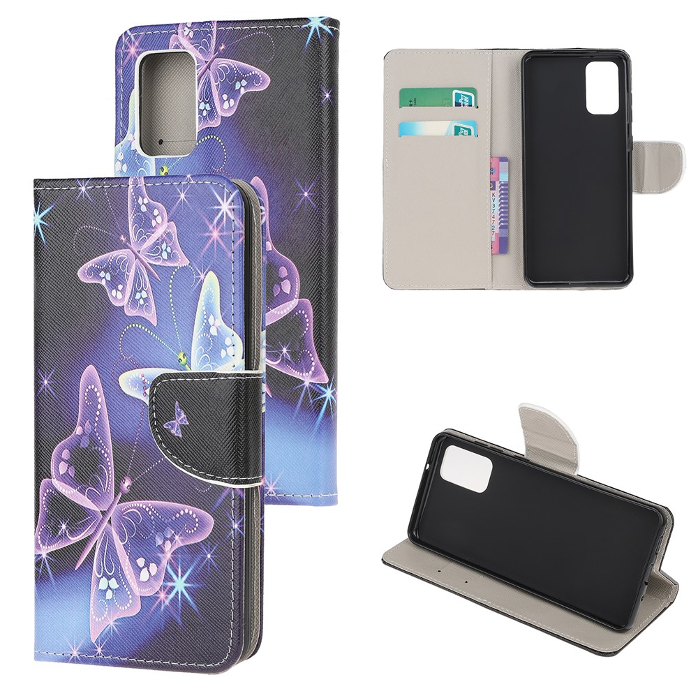 Pattern Printing Cross Texture Leather Wallet Phone Case for Samsung Galaxy S20 - Glowing Butterfly-1