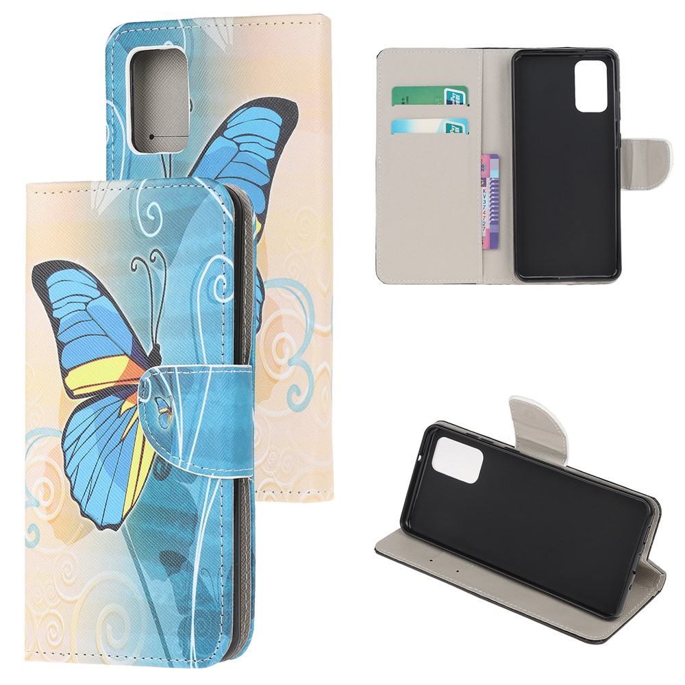 Pattern Printing Cross Texture Leather Wallet Phone Case for Samsung Galaxy S20 - Blue Butterfly-1