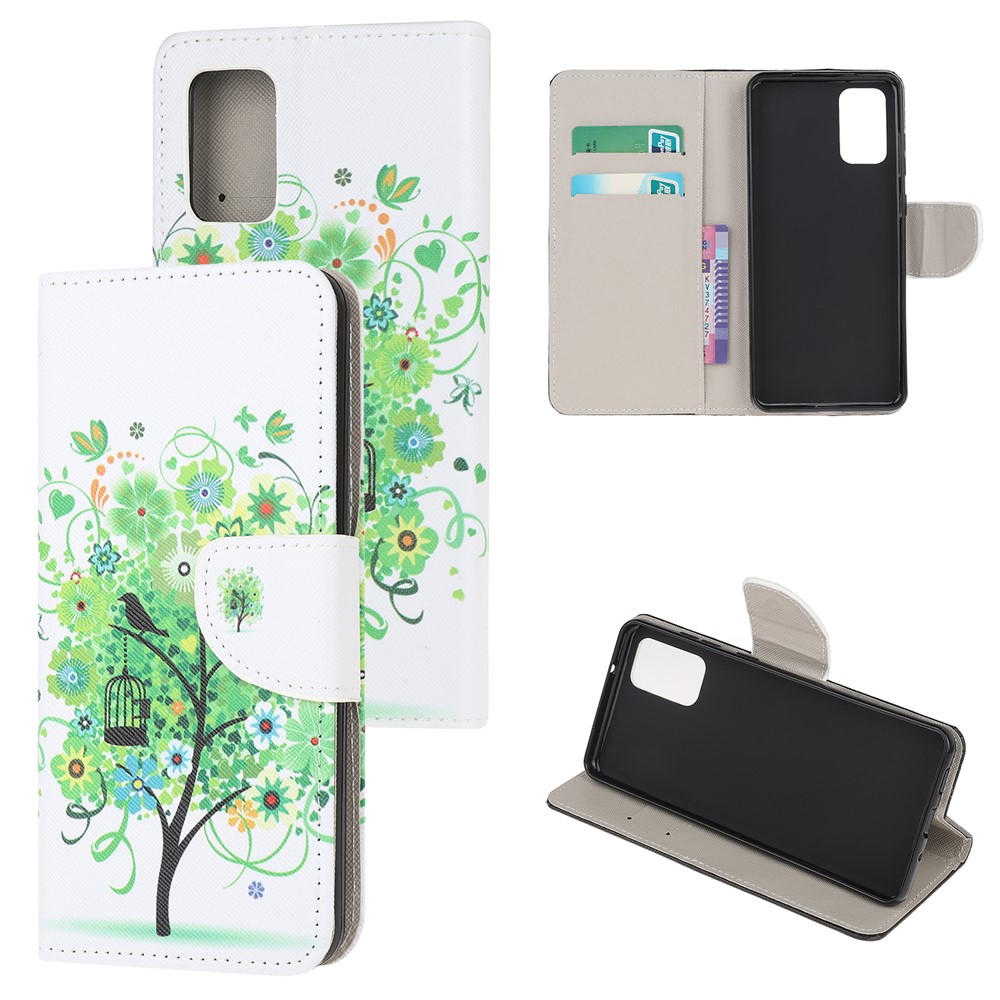 Pattern Printing Cross Texture Leather Wallet Phone Case for Samsung Galaxy S20 - Green Tree-1
