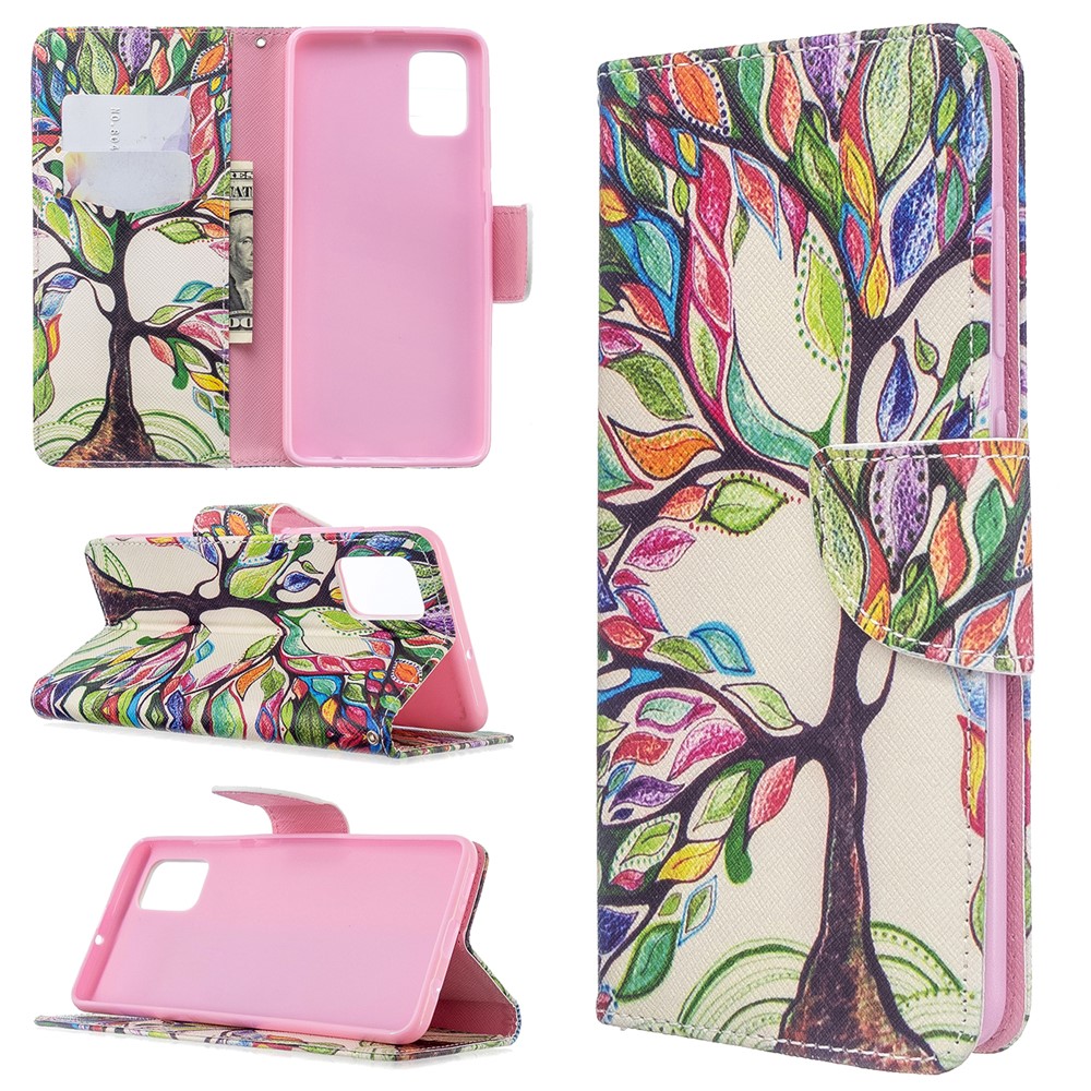 Pattern Printing Leather Wallet Case for Samsung Galaxy A51 - Colorized Tree-1