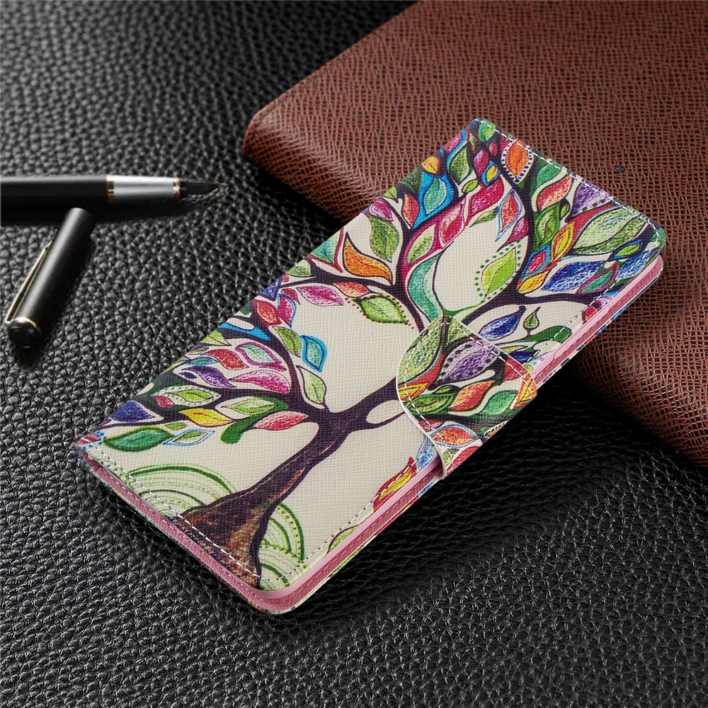 Musterdruck Leder Brieftasche Hülle Für Samsung Galaxy A51 - Farbiger Baum-7